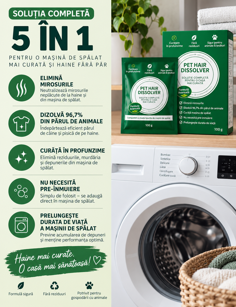 FurClean – Pudră pentru Îndepărtarea Părului de Animale în Mașina de Spălat